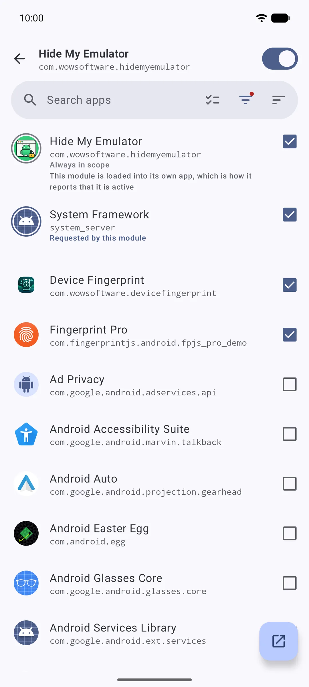 LSPosed module page with Hide My Emulator enabled and target apps ticked in scope