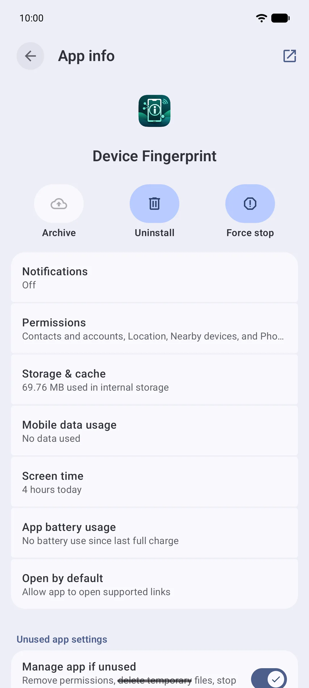Android app info screen for a target app with the Force stop button