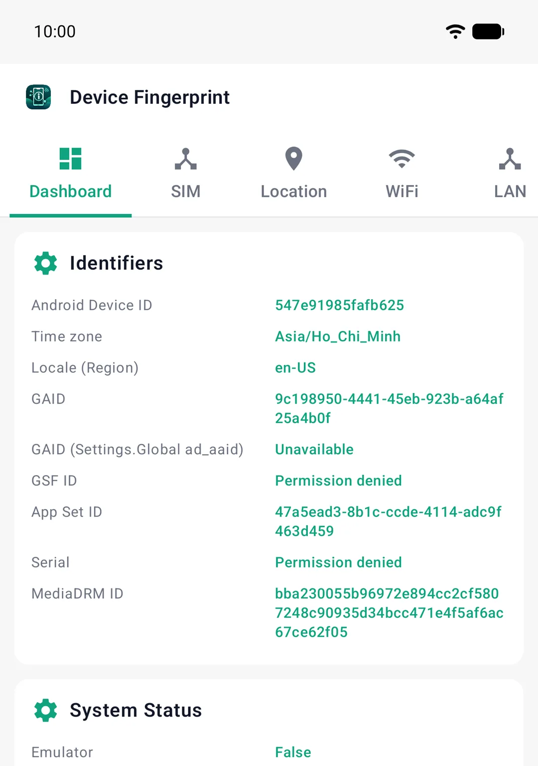 A detector app inside the emulator after the restart: its System Status card reports Emulator: False