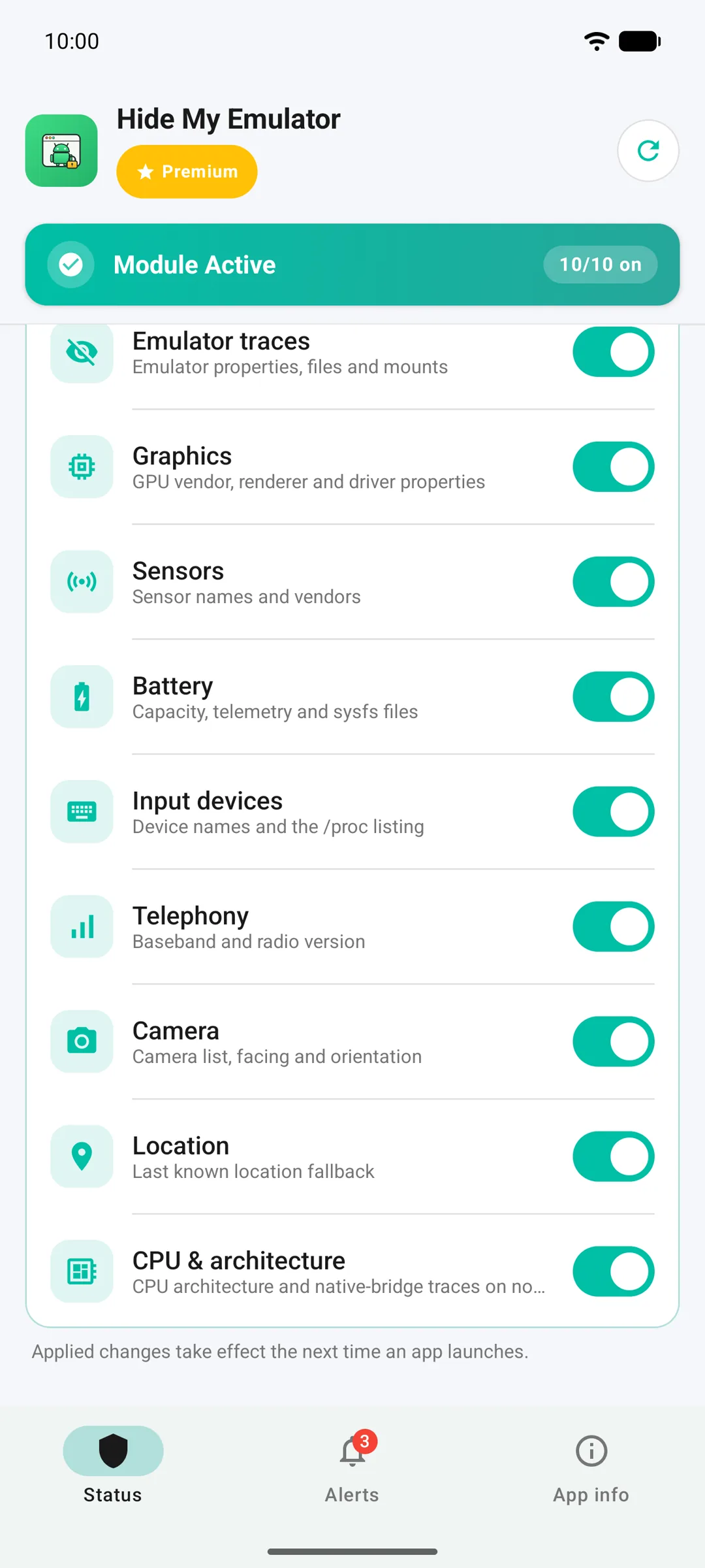 Protection switches for device identity, emulator traces, graphics, sensors, battery, input devices, telephony, camera, location and processor