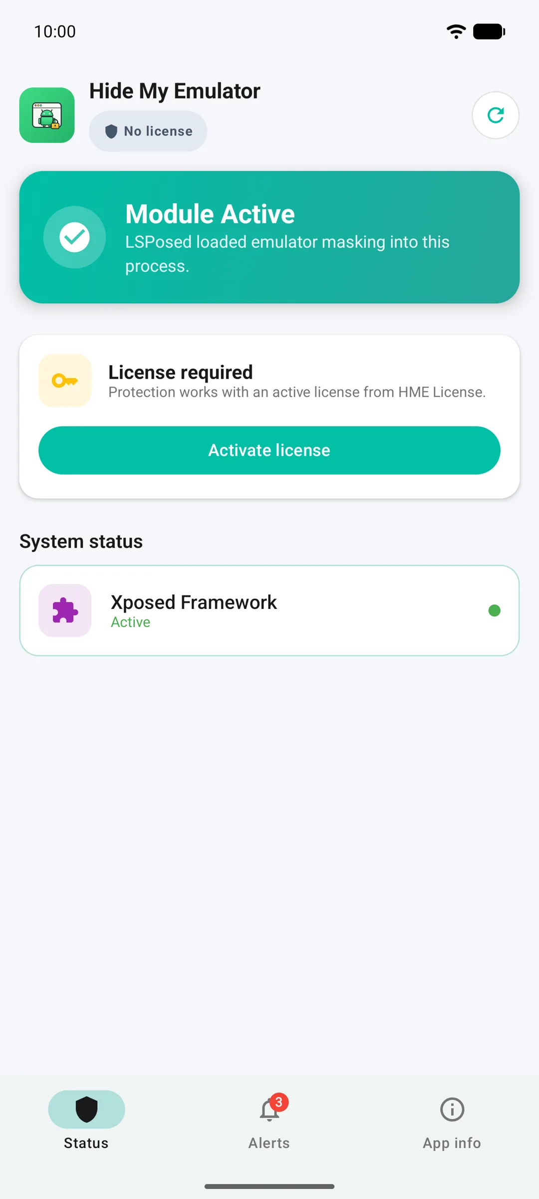 Status tab: green Module Active card, Premium pill and the Protection switches